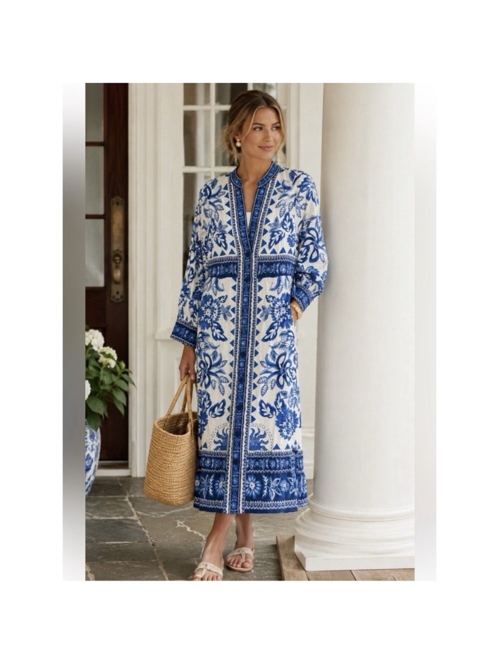 Caroline Constas Blue and White Embroidered Maxi Dress